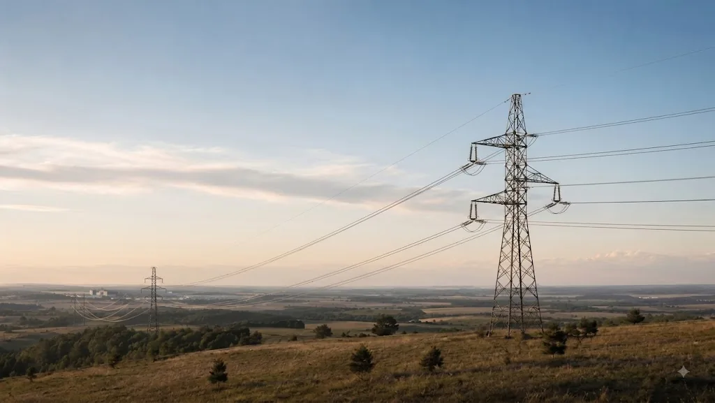 Transmission tower across an Australian essential-infrastructure landscape